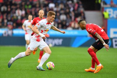 LEVERKUSEN, ALMANY - 23.04.23: Marcel Halstenberg. Bundesliga maçı Bayer 04 Leverkusen, Bayarena 'da Red Bull Leipzig' e karşı.
