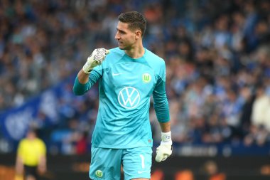 BOCHUM, ALMANY - 22 Nisan 2023: Koen Casteels. Bundesliga VfL Bochum 1848 'de Vonovia Ruhr Stadyumu' nda Wolfsburg 'a karşı oynanan futbol maçı.