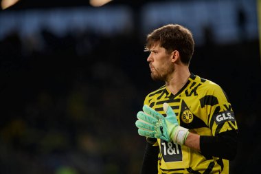 BOCHUM, ALMANY - 28 Nisan 2023 Gregor Kobel. Bundesliga VfL Bochum 1848 'de Vonovia Ruhr Stadyumu' nda Borussia Dortmund 'a karşı oynanan futbol maçı.