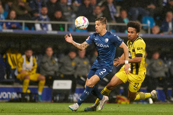 BOCHUM, ALMANY - 28 Nisan 2023: Cristian Gamboa, Karim Adeyemi 'ye karşı. Bundesliga VfL Bochum 1848 'de Vonovia Ruhr Stadyumu' nda Borussia Dortmund 'a karşı oynanan futbol maçı.