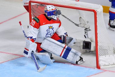 LATVIA, RIGA - 12.05.23 HRUBEC Simon. Slovakya Oyunu - Çek Cumhuriyeti. IIHF 2023 Buz Hokeyi Dünya Şampiyonası