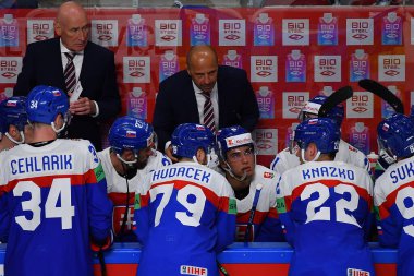 LATVIA, RIGA - 12.05.23: mola. Slovakya Oyunu - Çek Cumhuriyeti. IIHF 2023 Buz Hokeyi Dünya Şampiyonası