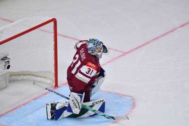 LATVIA, RIGA - 12.05.23 SILOVS Arturs. Letonya-Kanada maçı. IIHF 2023 Buz Hokeyi Dünya Şampiyonası