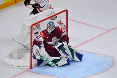 LATVIA, RIGA - 12.05.23 SILOVS Arturs. Letonya-Kanada maçı. IIHF 2023 Buz Hokeyi Dünya Şampiyonası