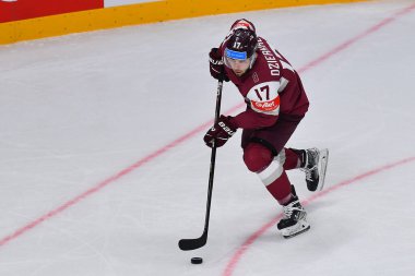 LATVIA, RIGA - 12.05.23: DZIERKALS Martins. Letonya-Kanada maçı. IIHF 2023 Buz Hokeyi Dünya Şampiyonası