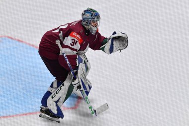 LATVIA, RIGA - 12.05.23 SILOVS Arturs. Letonya-Kanada maçı. IIHF 2023 Buz Hokeyi Dünya Şampiyonası