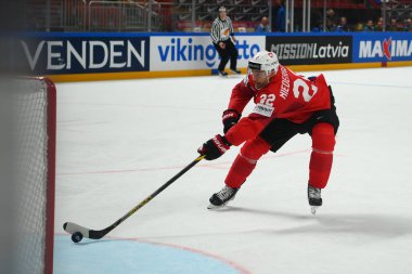 LATVIA, RIGA - 14.05.23 NiEDERREITER Nino. Norveç, İsviçre 'ye karşı. IIHF 2023 Buz Hokeyi Dünya Şampiyonası Arena Riga 'da