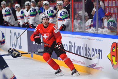 LATVIA, RIGA - 14.05.23 MOSER Janis. Norveç, İsviçre 'ye karşı. IIHF 2023 Buz Hokeyi Dünya Şampiyonası Arena Riga 'da