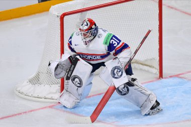 LATVIA, RIGA - 14.05.23 ARNTZEN Jonas. Norveç, İsviçre 'ye karşı. IIHF 2023 Buz Hokeyi Dünya Şampiyonası Arena Riga 'da