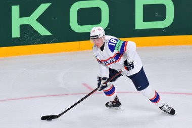 LATVIA, RIGA - 14.05.23 OLSEN Thomas. Norveç, İsviçre 'ye karşı. IIHF 2023 Buz Hokeyi Dünya Şampiyonası Arena Riga 'da