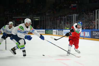 LATVIA, RIGA - 18.05.23 FLEK Jakub, PAVLIN Ziga. Çek Cumhuriyeti, Slovenya 'ya karşı. IIHF 2023 Buz Hokeyi Dünya Şampiyonası Arena Riga 'da