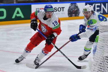 LATVIA, RIGA - 18.05.23 FLEK Jakub. Çek Cumhuriyeti, Slovenya 'ya karşı. IIHF 2023 Buz Hokeyi Dünya Şampiyonası Arena Riga 'da
