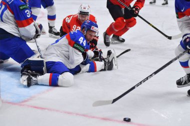 LATVIA, RIGA - 18.05.23: ROSANDIC Mislav. İsviçre, Slovakya 'ya karşı. IIHF 2023 Buz Hokeyi Dünya Şampiyonası Arena Riga 'da