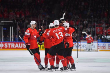 LATVIA, RIGA - 18.05.23: İsviçre, Slovakya 'ya karşı. IIHF 2023 Buz Hokeyi Dünya Şampiyonası Arena Riga 'da