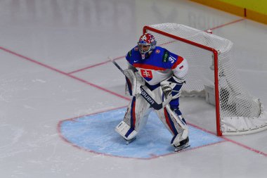LATVIA, RIGA - 18.05.23 HLAVAJ Samuel. İsviçre, Slovakya 'ya karşı. IIHF 2023 Buz Hokeyi Dünya Şampiyonası Arena Riga 'da