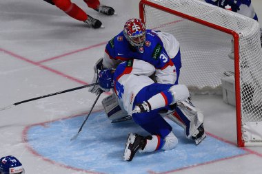 LATVIA, RIGA - 18.05.23 HLAVAJ Samuel. İsviçre, Slovakya 'ya karşı. IIHF 2023 Buz Hokeyi Dünya Şampiyonası Arena Riga 'da