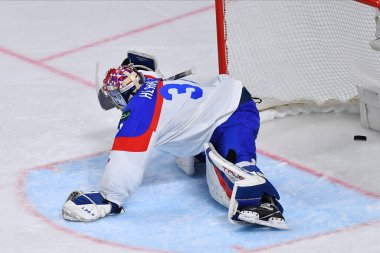 LATVIA, RIGA - 18.05.23 HLAVAJ Samuel. İsviçre, Slovakya 'ya karşı. IIHF 2023 Buz Hokeyi Dünya Şampiyonası Arena Riga 'da