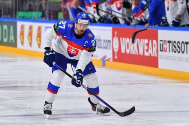 LATVIA, RIGA - 18.05.23 HRIVIK Marek. İsviçre, Slovakya 'ya karşı. IIHF 2023 Buz Hokeyi Dünya Şampiyonası Arena Riga 'da