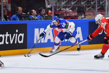 LATVIA, RIGA - 18.05.23 CACHO Viliam. İsviçre, Slovakya 'ya karşı. IIHF 2023 Buz Hokeyi Dünya Şampiyonası Arena Riga 'da