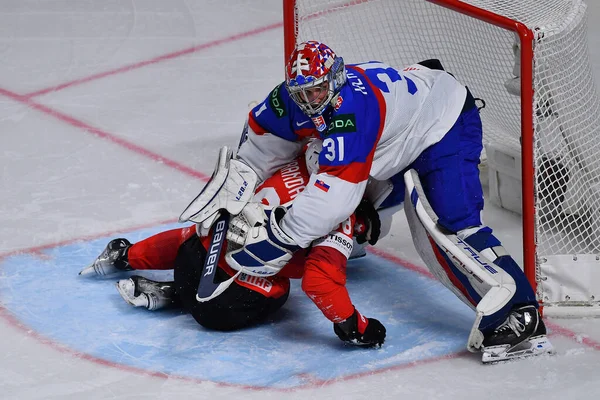 LATVIA, RIGA - 18.05.23 HLAVAJ Samuel. İsviçre, Slovakya 'ya karşı. IIHF 2023 Buz Hokeyi Dünya Şampiyonası Arena Riga 'da