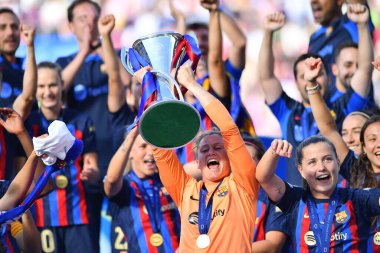 EINDHOVEN, NETHERLANDS - 3 Haziran 2023 Sandra Panos. UEFA Kadınlar Şampiyonlar Ligi FC Barcelona Femeni 'nin final maçı - Philips Arena' da VfL Wolfsburg Kadınlar