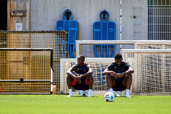 stock image LEVERKUSEN, GERMANY - 11.07.23: Moussa Diaby, Timothy Fosu-Mensah. Pre season practice FC Bayer 04 Leverkusen at BayArena