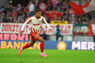 COLOGNE, ALMANY - 4 Kasım 2023: Linton Maina, Bundesliga 1 futbol maçı. FC Koeln, FC Augsburg 'a karşı Rhein Enerji Stadyumu' nda