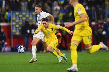 LEVERKUSEN, GERMANY - 20 Kasım 2023: Heorhiy Sudakov, UEFA EURO 2024 Futbol karşılaşması Ukrayna ile İtalya Bayarena karşılaşması