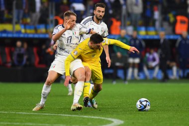 LEVERKUSEN, GERMANY - 20 Kasım 2023: Heorhiy Sudakov, UEFA EURO 2024 Futbol karşılaşması Ukrayna ile İtalya Bayarena karşılaşması