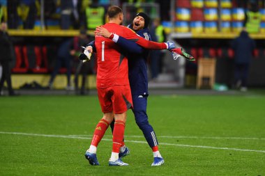 LEVERKUSEN, GERMANY - 20 Kasım 2023: Gianluigi Donnarumma, UEFA EURO 2024 Futbol karşılaşması Kalifiye Ukrayna, Bayena 'da İtalya' ya karşı