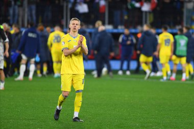LEVERKUSEN, GERMANY - 20 Kasım 2023: Oleksandr Zinchenko, UEFA EURO 2024 Futbol karşılaşması Kalifiye Ukrayna, Bayena 'da İtalya' ya karşı