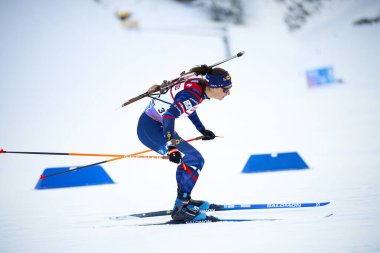 RUHPOLDING, GERMANY - 12 JANUARY, 2024: SIMON Julia, Women sprint. Ruhpolding Biathlon World Cup 2024 at Chiemgau Arena clipart