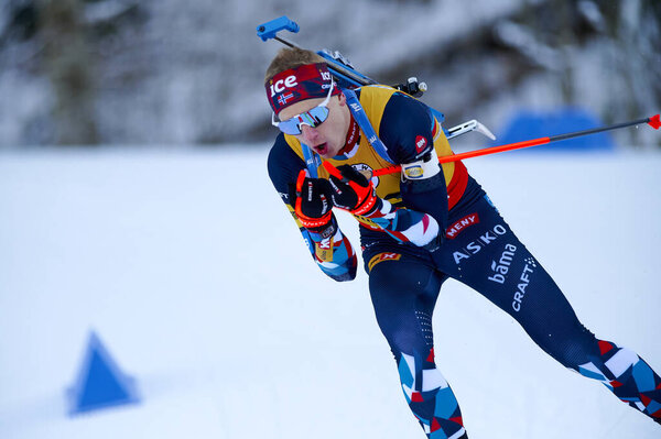 РУХПОЛЬДИНГ, ГЕРМАНИЯ - 13 ЯНВАРЯ, 2024: ФИЛЛОН ИЛЛЕТ КВИФРА, мужской спринт. Чемпионат мира по биатлону 2024 в Кимгау Арена