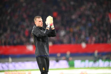 Leipzig, GERMANY - 13.02.24: Andriy Lunin, Red Bull Arena 'da UEFA Şampiyonlar Ligi RB Leipzig-Real Madrid maçı