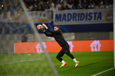 Leipzig, GERMANY - 13.02.24: Andriy Lunin, Red Bull Arena 'da UEFA Şampiyonlar Ligi RB Leipzig-Real Madrid maçı