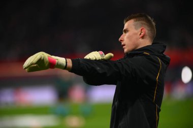 Leipzig, GERMANY - 13.02.24: Andriy Lunin, Red Bull Arena 'da UEFA Şampiyonlar Ligi RB Leipzig-Real Madrid maçı
