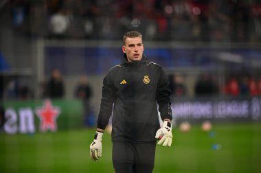 Leipzig, GERMANY - 13.02.24: Andriy Lunin, Red Bull Arena 'da UEFA Şampiyonlar Ligi RB Leipzig-Real Madrid maçı
