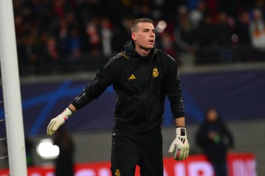 Leipzig, GERMANY - 13.02.24: Andriy Lunin, Red Bull Arena 'da UEFA Şampiyonlar Ligi RB Leipzig-Real Madrid maçı
