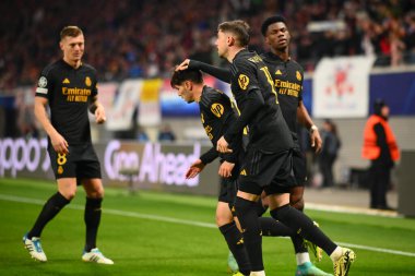 Leipzig, GERMANY - 13.02.24: Red Bull Arena 'da UEFA Şampiyonlar Ligi RB Leipzig' e karşı Real Madrid maçı