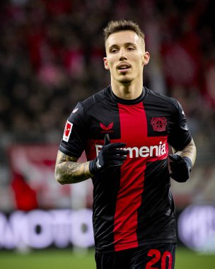 LEVERKUSEN, GERMANY - 23 Şubat 2024: Alex Grimaldo, The Bundesliga maçı FC Bayer 04 Leverkusen 1 'e karşı. Bayarena 'da FSV Mainz 05