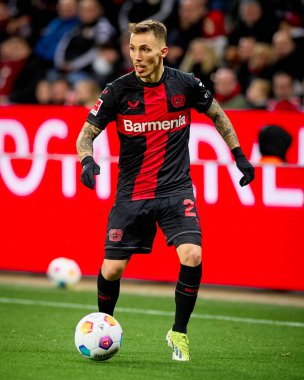 LEVERKUSEN, GERMANY - 23 Şubat 2024: Alex Grimaldo, The Bundesliga maçı FC Bayer 04 Leverkusen 1 'e karşı. Bayarena 'da FSV Mainz 05