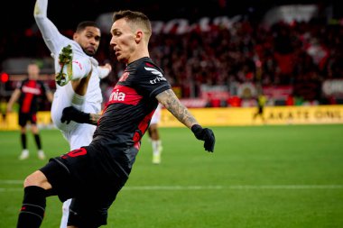 LEVERKUSEN, GERMANY - 23 Şubat 2024: Alex Grimaldo, The Bundesliga maçı FC Bayer 04 Leverkusen 1 'e karşı. Bayarena 'da FSV Mainz 05