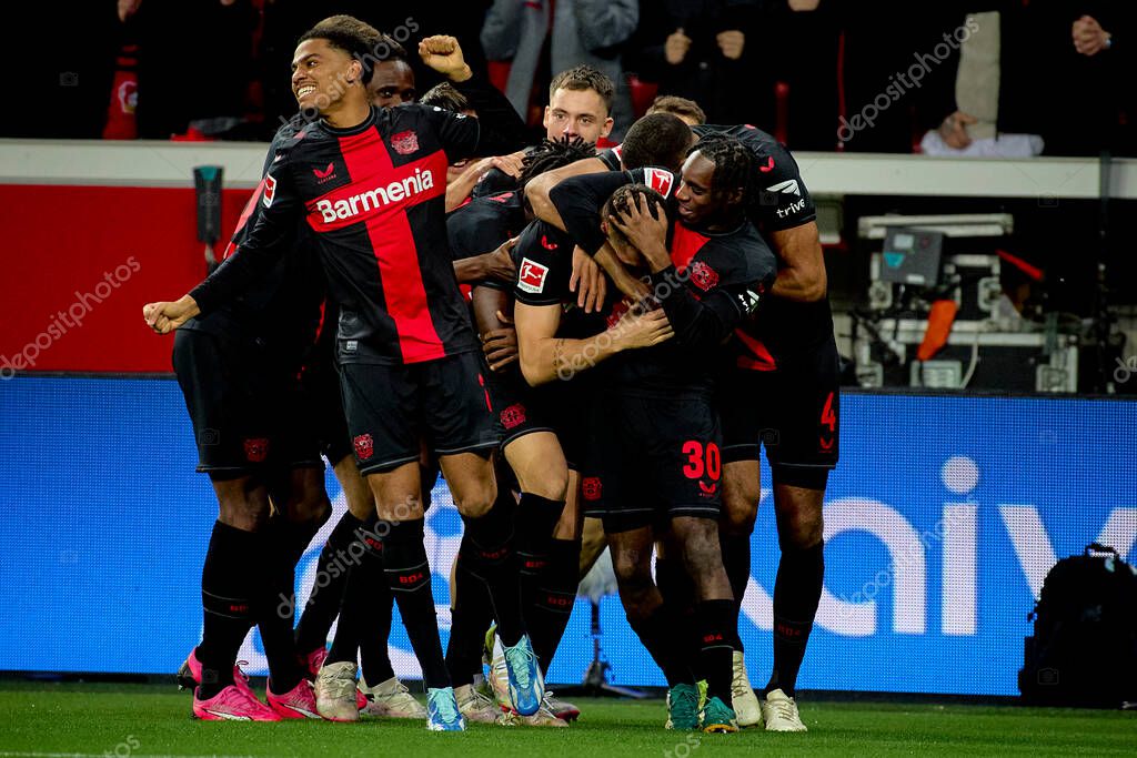 LEVERKUSEN, GERMANY - 23 FEBRUARY, 2024: Jeremie Frimpong, Granit Xhaka, Florian Wirtz, Amine Adli, The Bundesliga match FC Bayer 04 Leverkusen vs 1. FSV Mainz 05 at BayArena