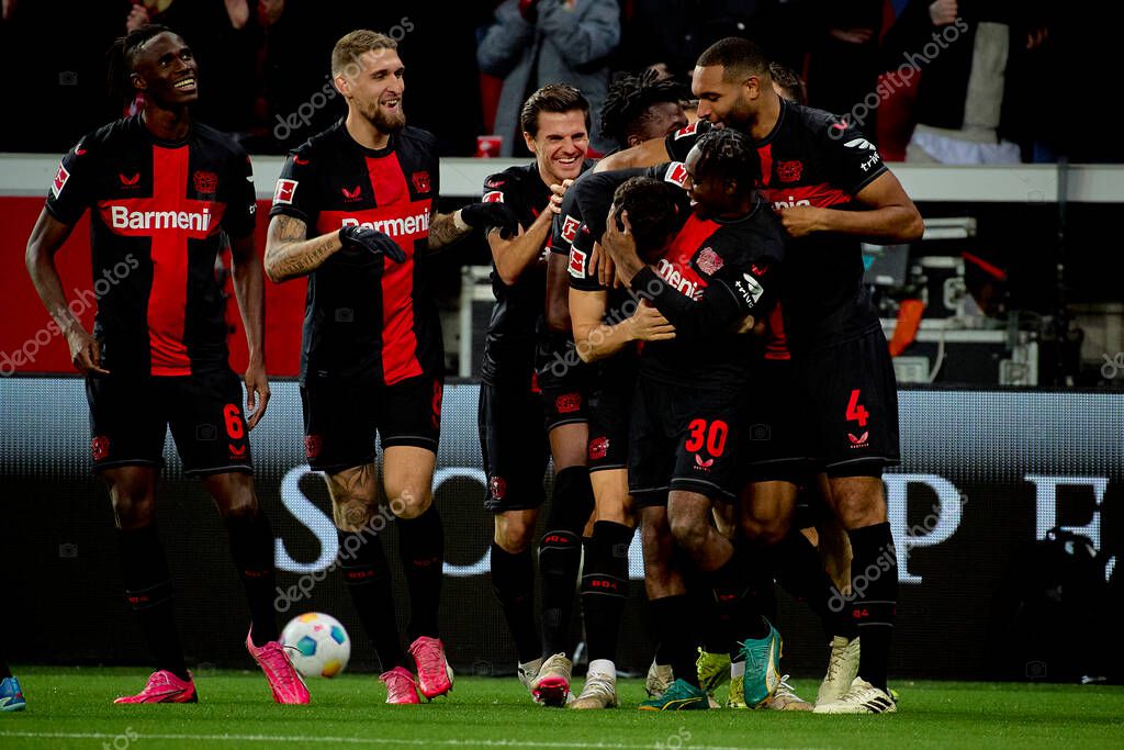 LEVERKUSEN, GERMANY - 23 FEBRUARY, 2024: Jeremie Frimpong, Granit Xhaka, Florian Wirtz, Amine Adli, The Bundesliga match FC Bayer 04 Leverkusen vs 1. FSV Mainz 05 at BayArena