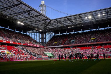 COLOGNE, GERMANY - 3 Mart 2024: Bundesliga 1 'in futbol maçı sırasında Bayer 04 Leverkusen taraftarları. FC Koeln, Bayer 04 Leverkusen 'e karşı Rhein Enerji Stadyumu' nda