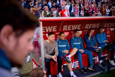 COLOGNE, GERMANY - 3 Mart 2024: Xabi Alonso, Bayer 04 Leverkusen 'in teknik direktörü Bundesliga 1' in futbol maçı sırasında. FC Koeln, Bayer 04 Leverkusen 'e karşı Rhein Enerji Stadyumu' nda