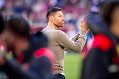 COLOGNE, GERMANY - 3 Mart 2024: Xabi Alonso, Bayer 04 Leverkusen 'in teknik direktörü Bundesliga 1' in futbol maçı sırasında. FC Koeln, Bayer 04 Leverkusen 'e karşı Rhein Enerji Stadyumu' nda