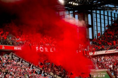 COLOGNE, GERMANY - 3 Mart 2024: Bundesliga 1 'in futbol maçı sırasında Bayer 04 Leverkusen taraftarları. FC Koeln, Bayer 04 Leverkusen 'e karşı Rhein Enerji Stadyumu' nda