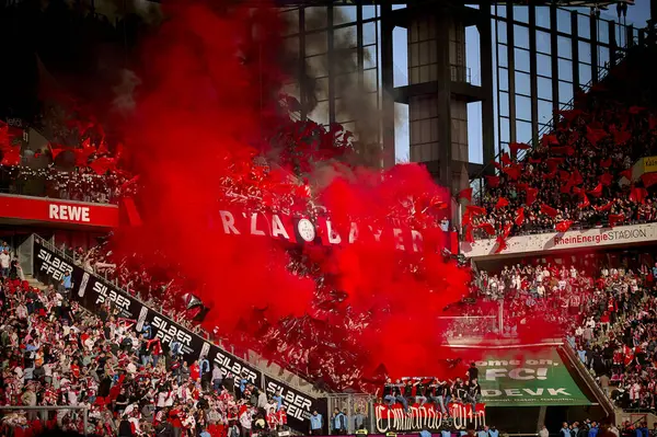 stock image COLOGNE, GERMANY - 3 MARCH, 2024: Fan supporters of Bayer 04 Leverkusen during The football match of Bundesliga 1. FC Koeln vs Bayer 04 Leverkusen at Rhein Energie Stadion