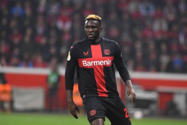 LEVERKUSEN, ALMANY - 3 NİSAN, 2024 Victor Boniface, Almanya Kupası. DFB Pokal maçı FC Bayer 04 Leverkusen, Bayarena 'da Fortuna Duesseldorf' a karşı